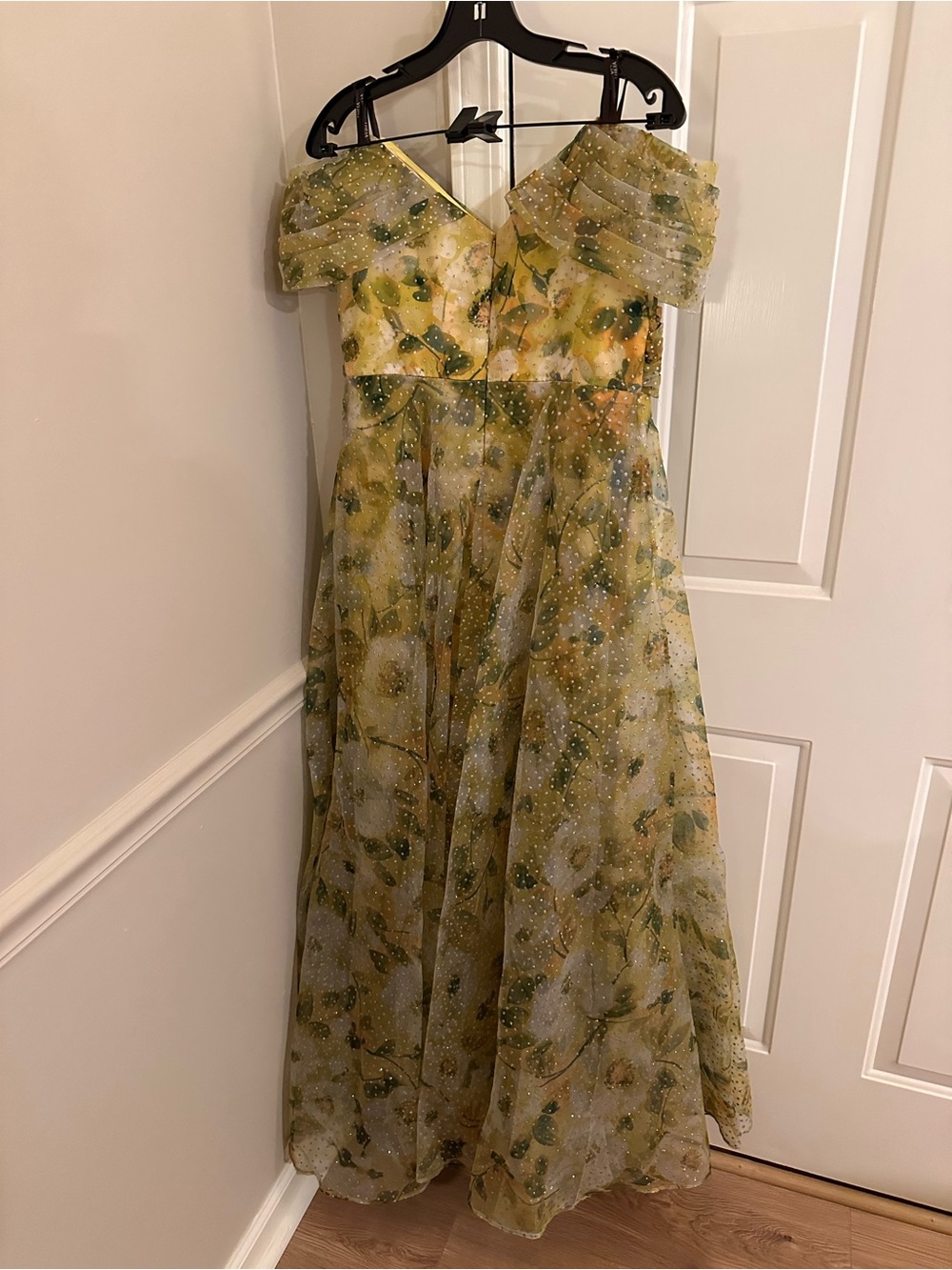Theia Yellow and Green Floral Off-Shoulder Gown